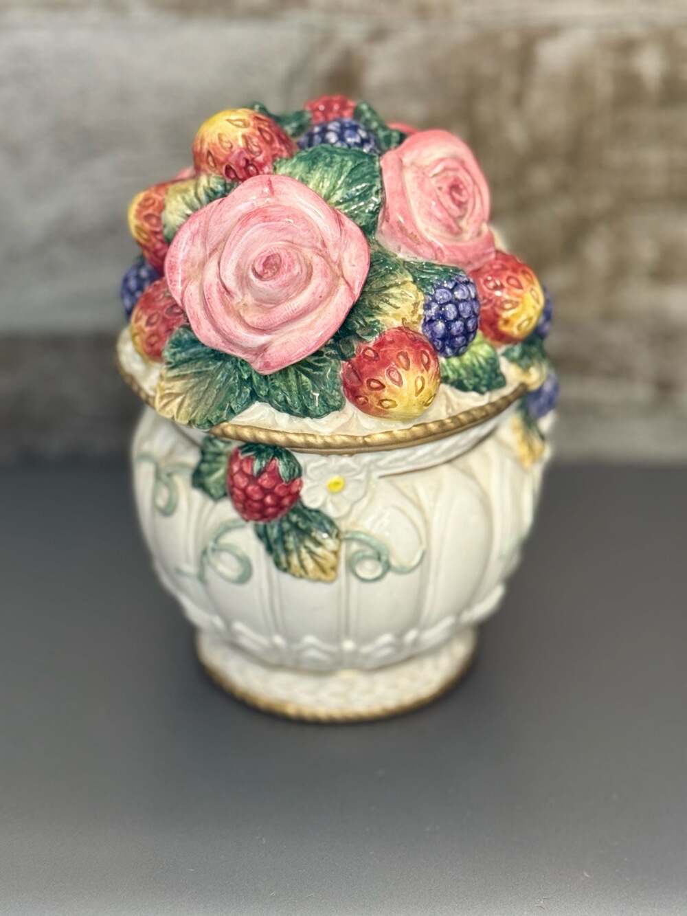 Fitz and Floyd Ceramic Lidded Candy Dish - Roses & Berries Design